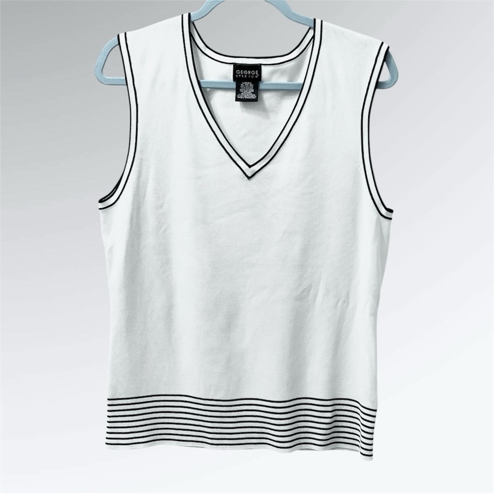 White and Black Striped Sleeveless Sweater Vest